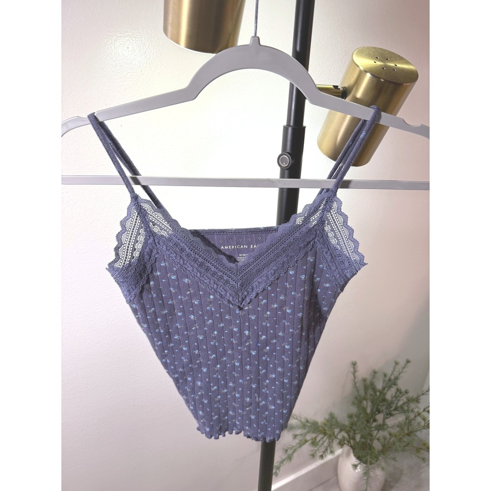 American‎ Eagle Blue Floral Pointelle Lace Trim Camisole Top Medium